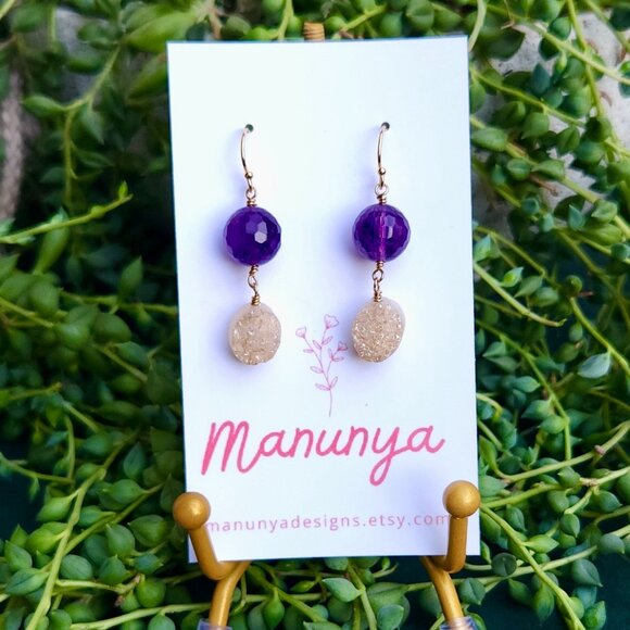Amethyst Druzy Drop Earrings - Semi-Precious Amethyst & Druzy - Picture 1 of 5